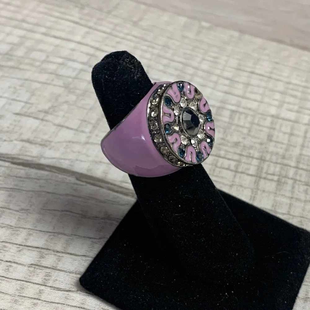 Vintage Purple Enamel Statement Ring Blue Clear Rhinestone Cocktail Dome Sz 5.5